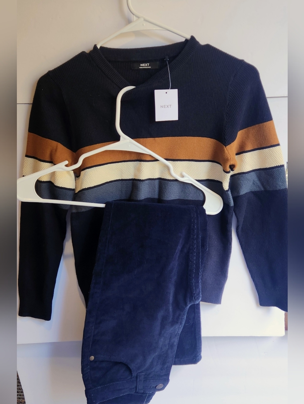 next Navy Crewneck Matching Set with Tan and Cream Stripes